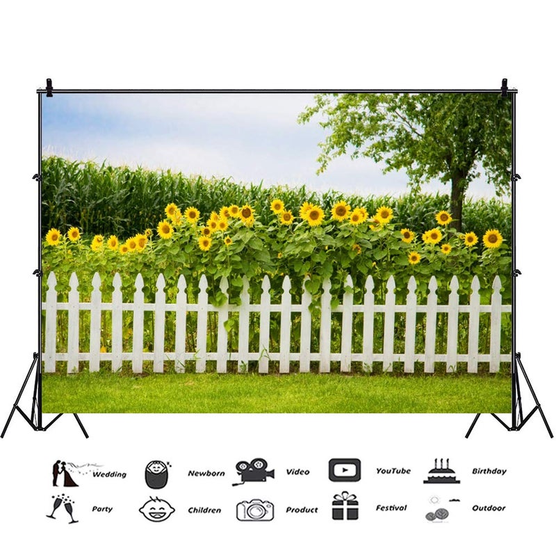 Leyiyi Spring Natural Scenery Backdrop 10x8ft Photography Backdrop Blossoming Yellow Sunflowers Tall Lush Tree White Wooden Textured Fence Family Children Baby Girl Personal Portraits Studio Props - Image 2